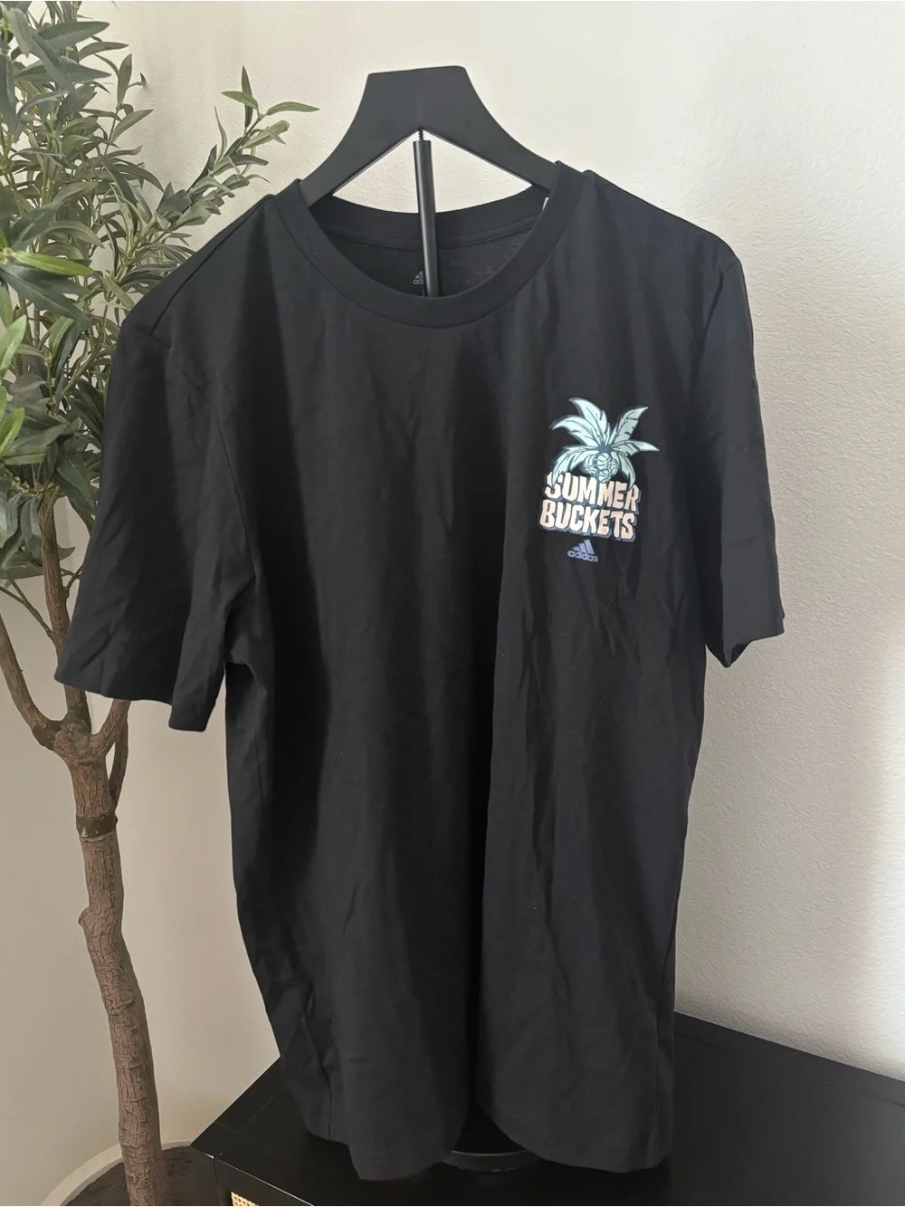 adidas Black Short-Sleeve 'Summer Buckets' Graphic Tee with Light Blue Palm